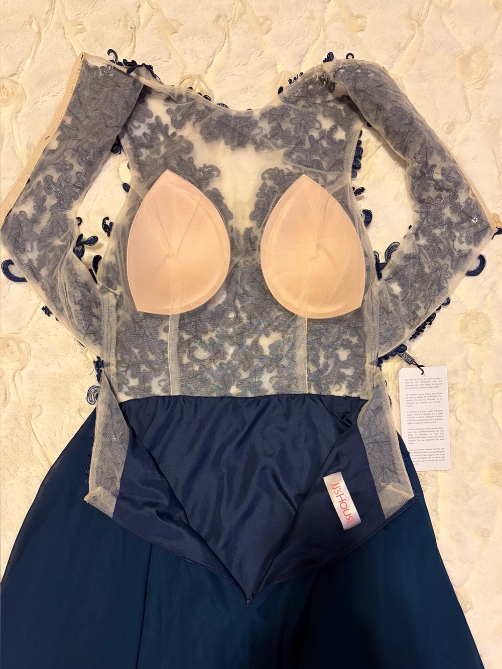 NWT Bridesmaid Prom Party Embroidered Navy Blue Sheer Illusion Lace A-Line Dress